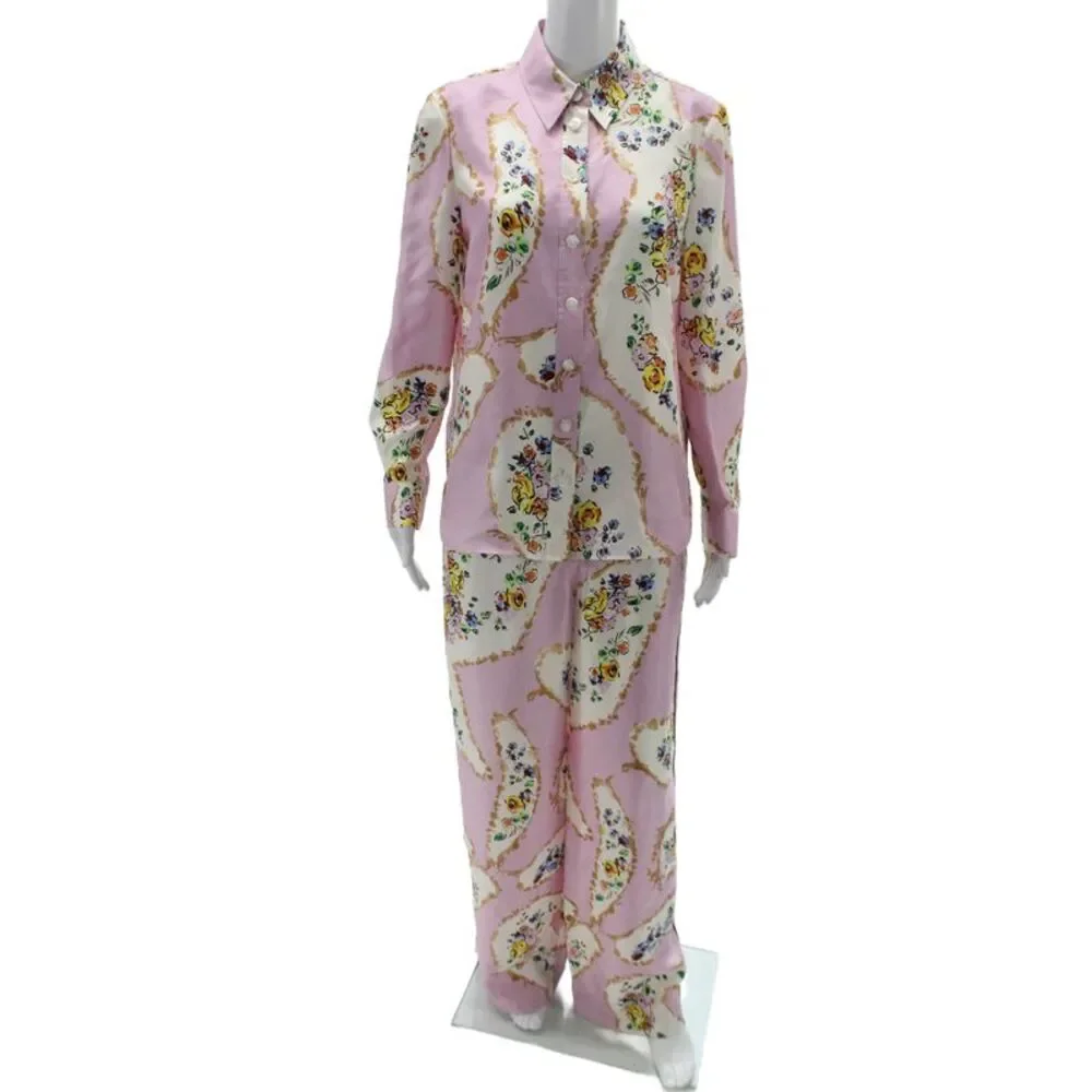 Tory Burch Womens Silk Floral Print Blouse Pant Set Pink White Size 6/4